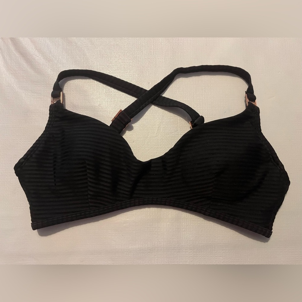Black Bikini Swim Top Sz Medium 7-9 Convertible Adjustable Straps Rose Gold